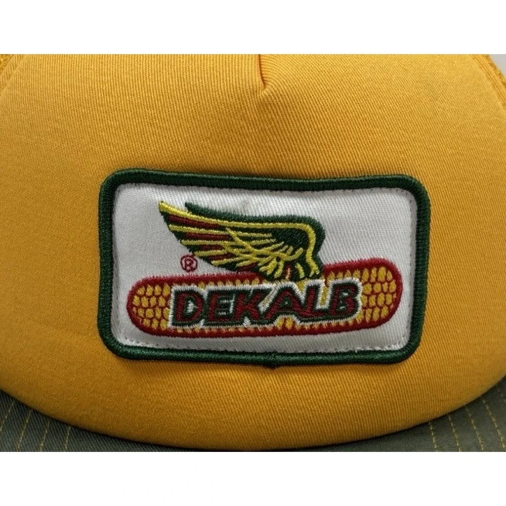 Vintage Dekalb‎ K-Products Trucker Hat Agriculture Yellow Farm Cap w/ Patch